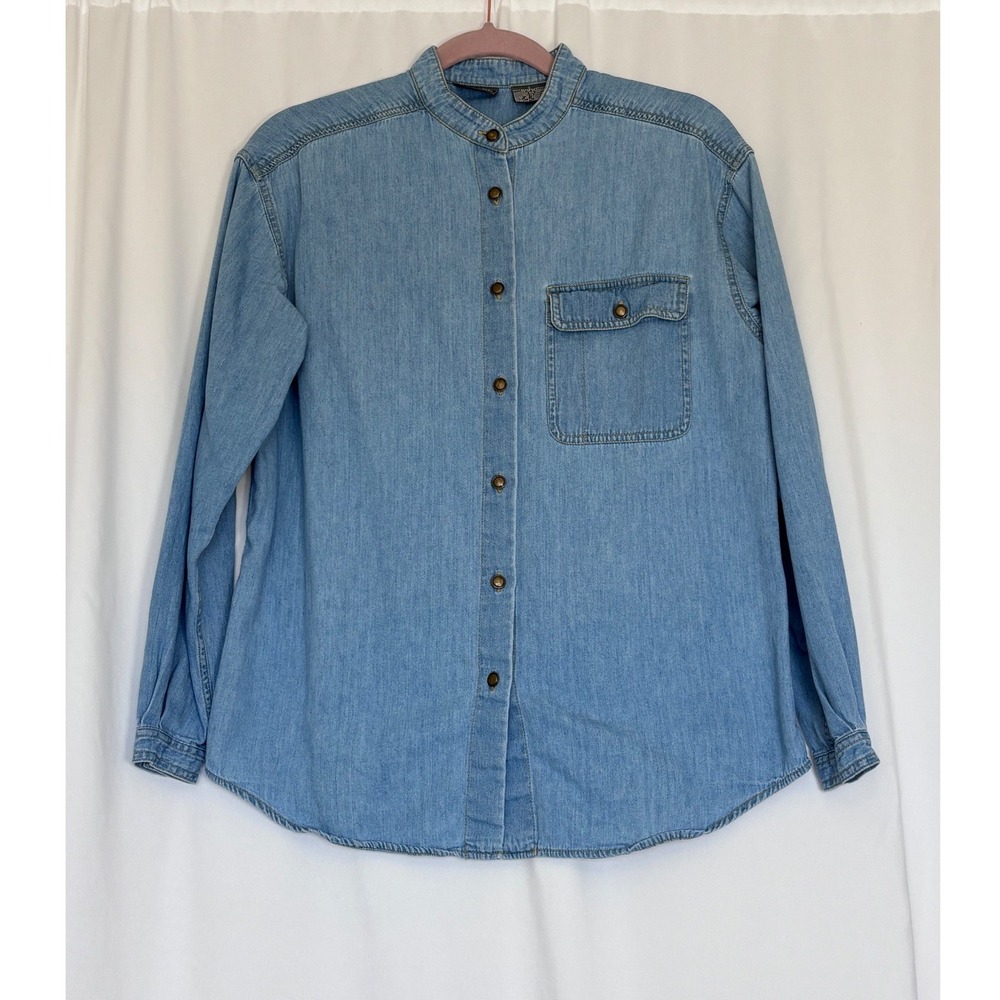Vintage Womens Light Wash Denim Band Collar Button Down Shirt Small Cotton 90's